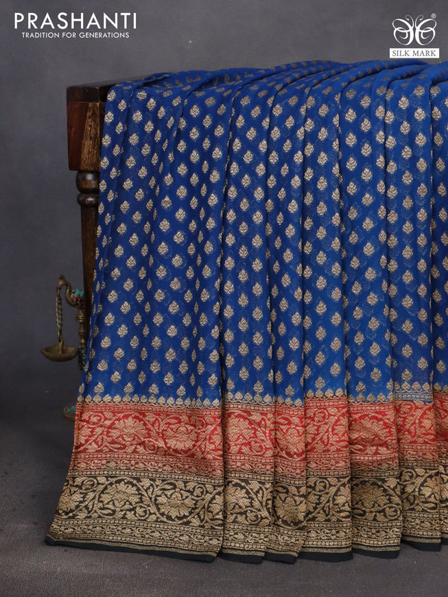 Banarasi georgette saree cs blue and red black with allover thread & zari woven butta weaves and long woven border