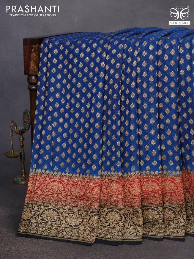 Banarasi georgette saree cs blue and red black with allover thread & zari woven floral buttas and woven border