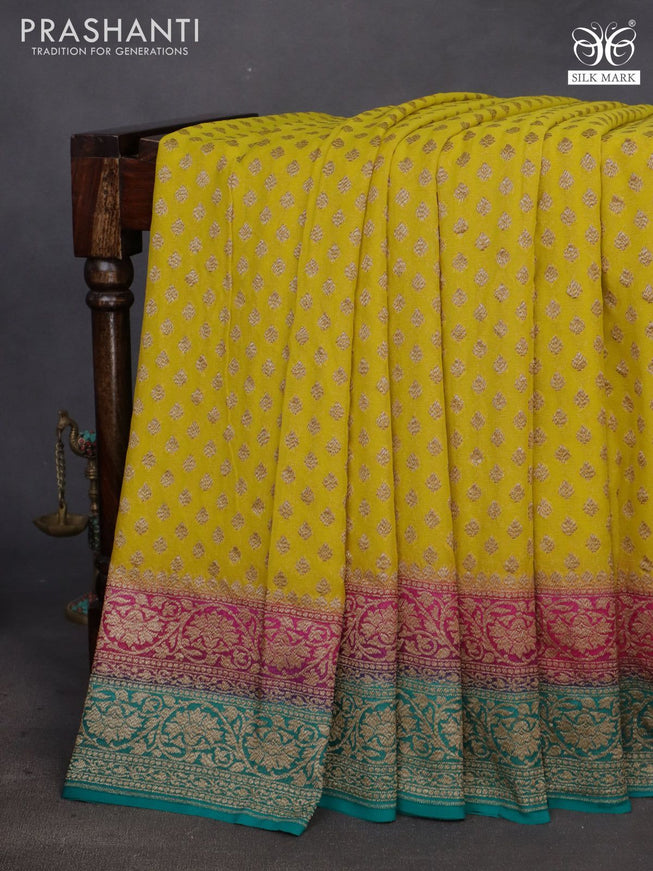 Banarasi georgette saree yellow and pink teal blue with allover thread & zari woven floral buttas and woven border