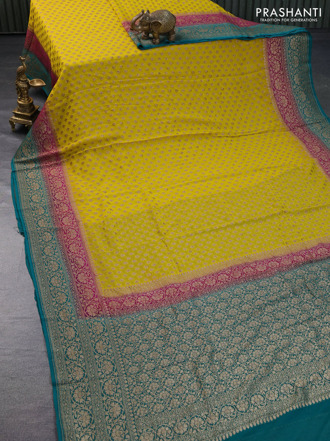 Banarasi georgette saree yellow and pink teal blue with allover thread & zari woven floral buttas and woven border