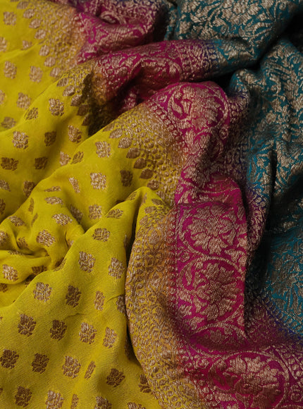 Banarasi georgette saree yellow and pink teal blue with allover thread & zari woven floral buttas and woven border