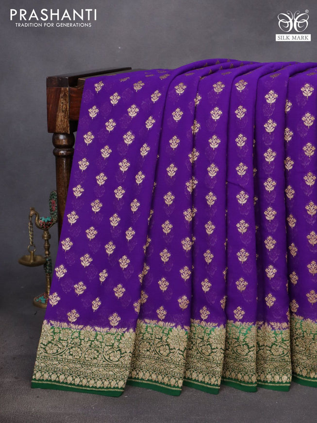 Banarasi georgette saree violet and dark green with allover thread & zari woven floral buttas and woven border