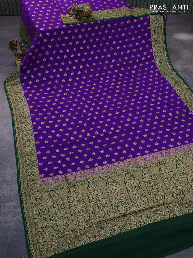 Banarasi georgette saree violet and dark green with allover thread & zari woven floral buttas and woven border