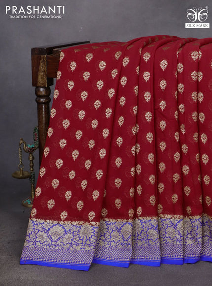 Banarasi georgette saree red and royal blue with allover thread & zari woven floral buttas and woven border