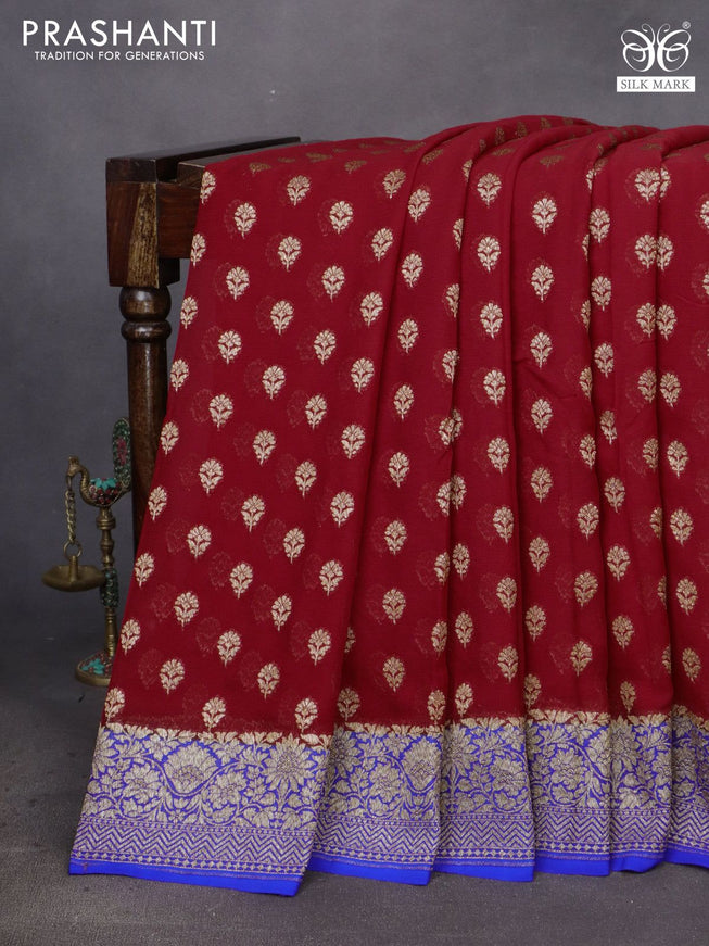 Banarasi georgette saree red and royal blue with allover thread & zari woven floral buttas and woven border