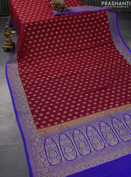 Banarasi georgette saree red and royal blue with allover thread & zari woven floral buttas and woven border