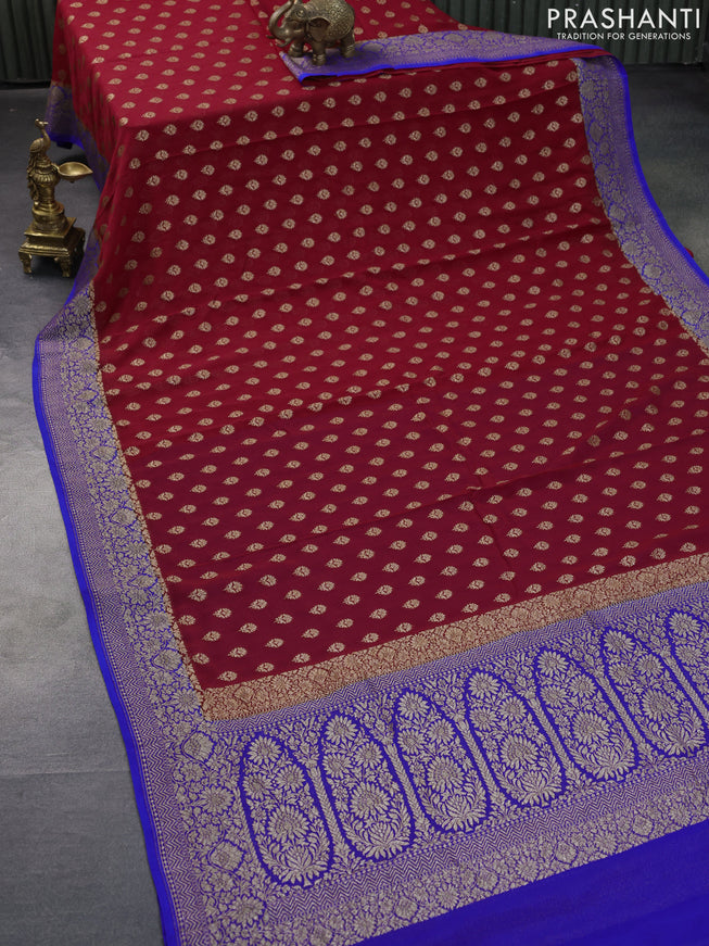 Banarasi georgette saree red and royal blue with allover thread & zari woven floral buttas and woven border