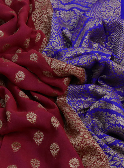 Banarasi georgette saree red and royal blue with allover thread & zari woven floral buttas and woven border