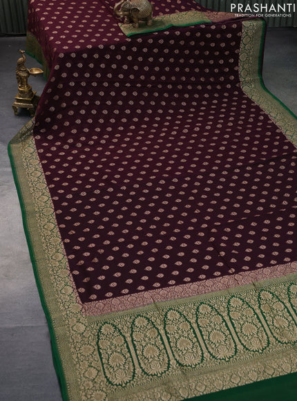 Banarasi georgette saree coffee brown and green with allover thread & zari woven floral buttas and woven border