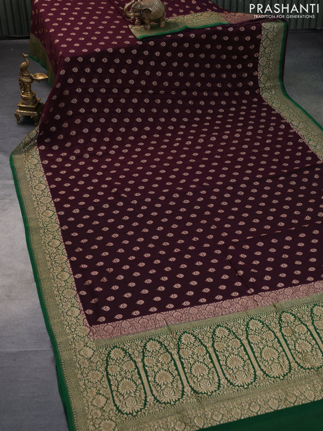 Banarasi georgette saree coffee brown and green with allover thread & zari woven floral buttas and woven border