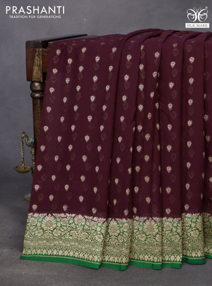 Banarasi georgette saree coffee brown and green with allover thread & zari woven buttas and woven border