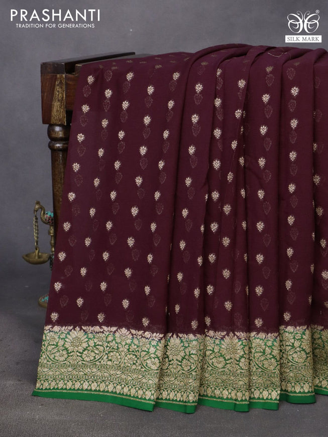 Banarasi georgette saree coffee brown and green with allover thread & zari woven buttas and woven border