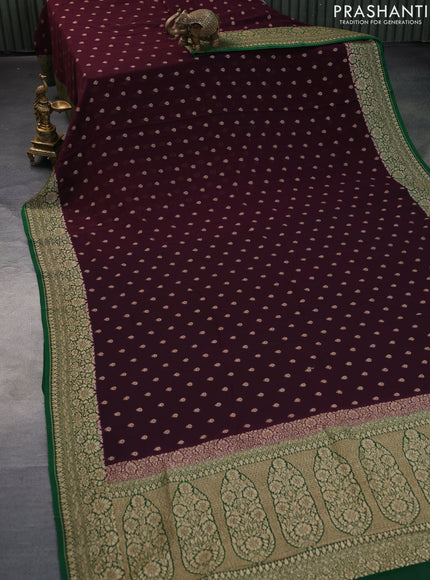 Banarasi georgette saree coffee brown and green with allover thread & zari woven buttas and woven border