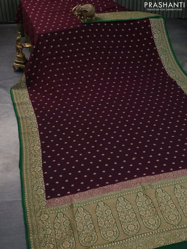 Banarasi georgette saree coffee brown and green with allover thread & zari woven buttas and woven border