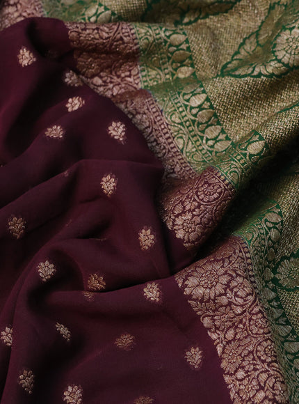 Banarasi georgette saree coffee brown and green with allover thread & zari woven buttas and woven border