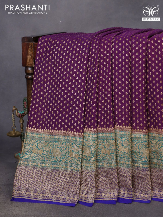 Banarasi georgette saree deep purple and cs blue blue with allover thread & zari woven butta weaves and long woven border