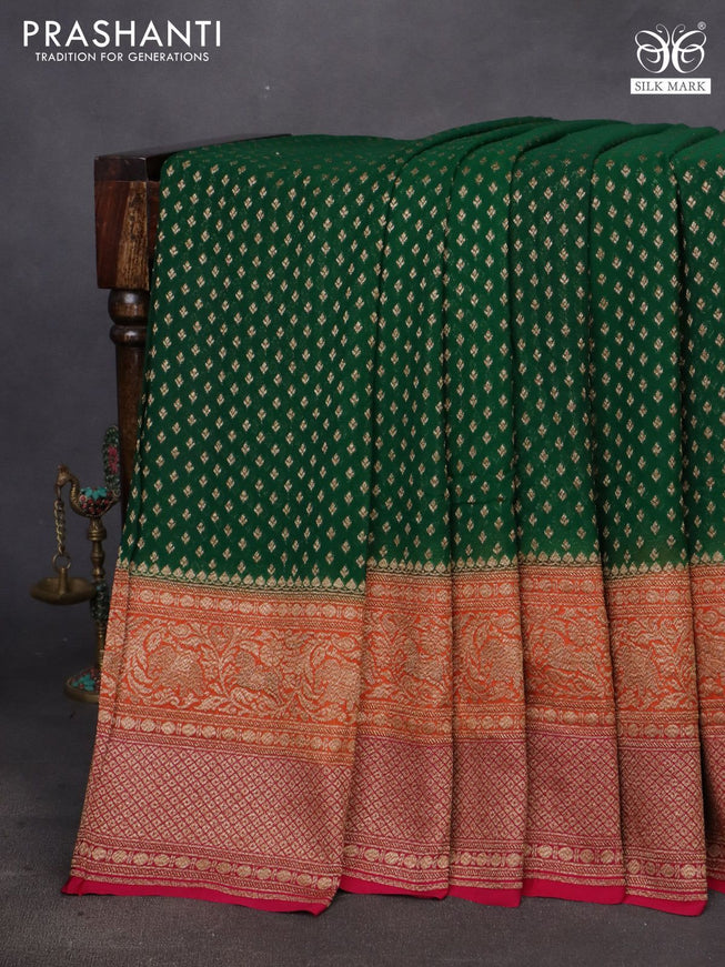 Banarasi georgette saree green and orange pink with allover thread & zari woven butta weaves and long woven border