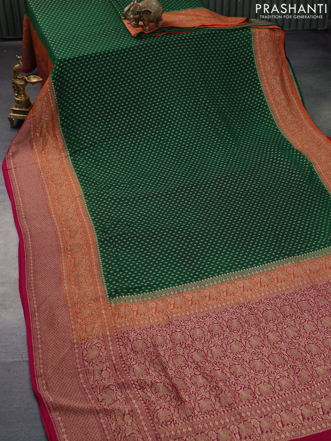 Banarasi georgette saree green and orange pink with allover thread & zari woven butta weaves and long woven border