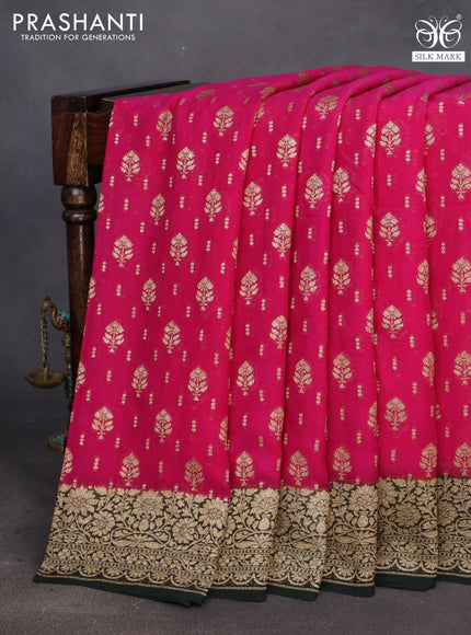 Banarasi georgette saree pink and dark bottle green with allover thread & zari woven buttas and woven border