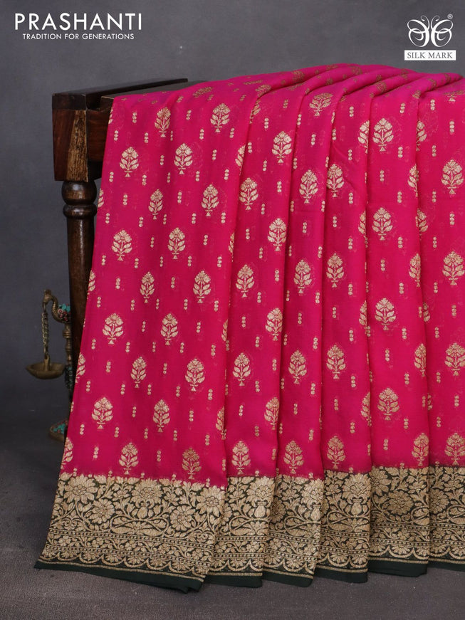 Banarasi georgette saree pink and dark bottle green with allover thread & zari woven buttas and woven border