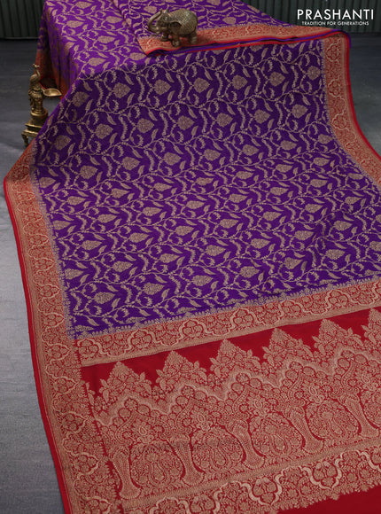 Banarasi georgette saree violet and red with allover thread & zari weaves and woven border