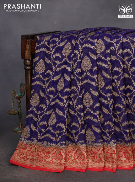 Banarasi georgette saree dark blue and red with allover thread & zari weaves and woven border