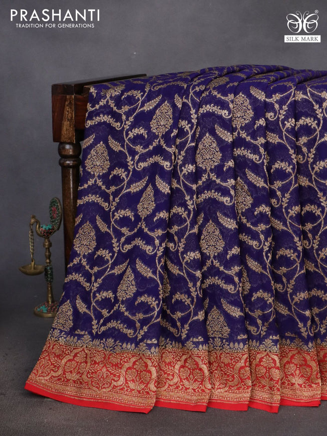 Banarasi georgette saree dark blue and red with allover thread & zari weaves and woven border