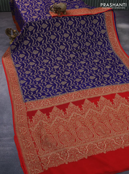 Banarasi georgette saree dark blue and red with allover thread & zari weaves and woven border