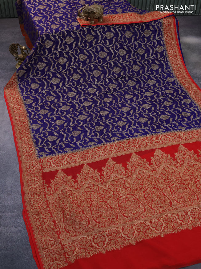 Banarasi georgette saree dark blue and red with allover thread & zari weaves and woven border