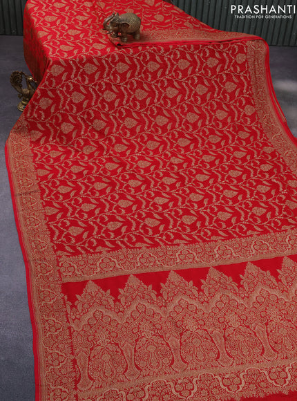 Banarasi georgette saree red with allover thread & zari weaves and woven border