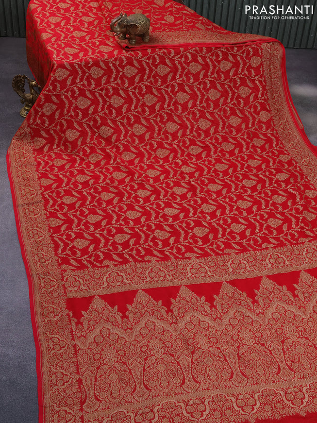 Banarasi georgette saree red with allover thread & zari weaves and woven border