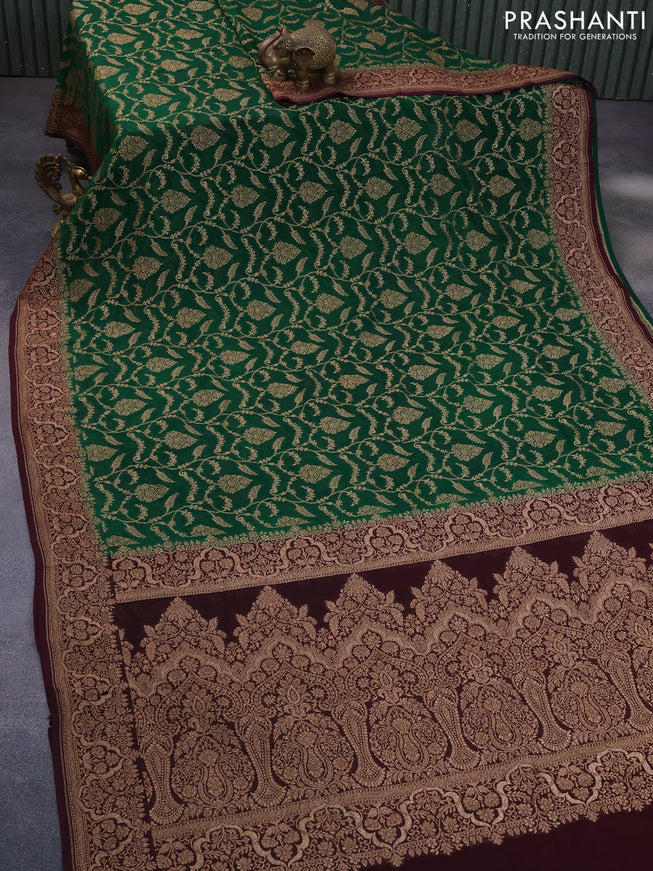 Banarasi georgette saree green and wine shade with allover thread & zari weaves and woven border