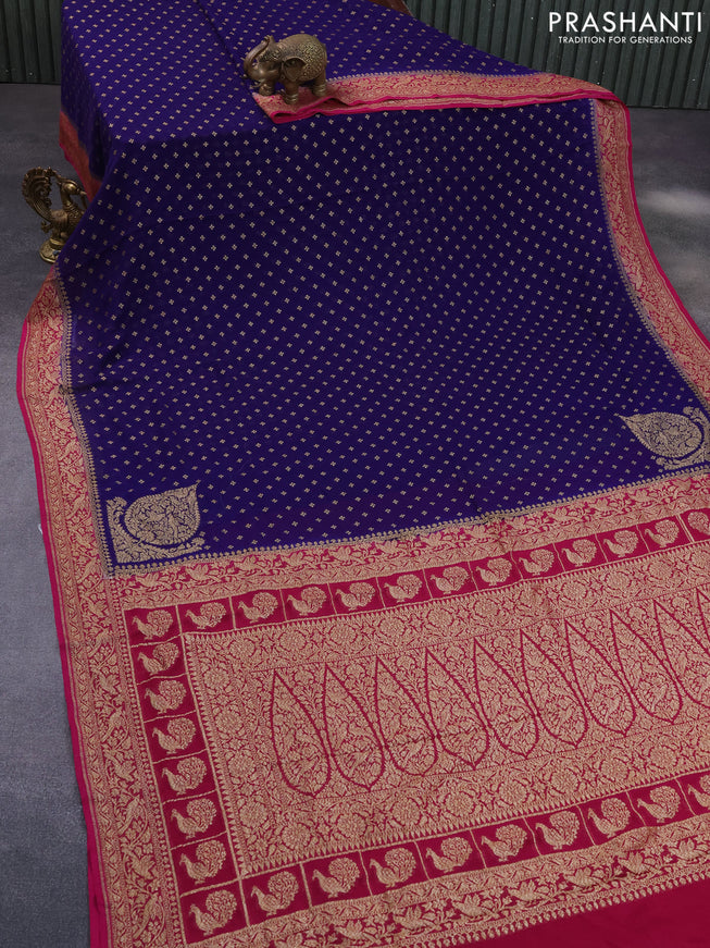 Banarasi georgette saree dark blue and pink with allover thread & zari butta weaves and woven border