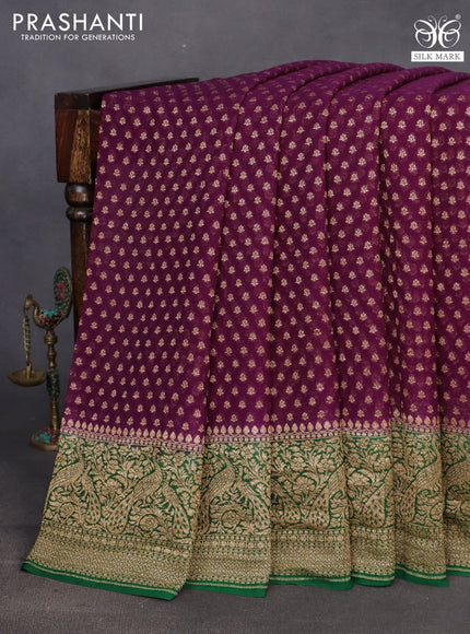 Banarasi georgette saree deep purple and green with allover thread & zari butta weaves and woven border