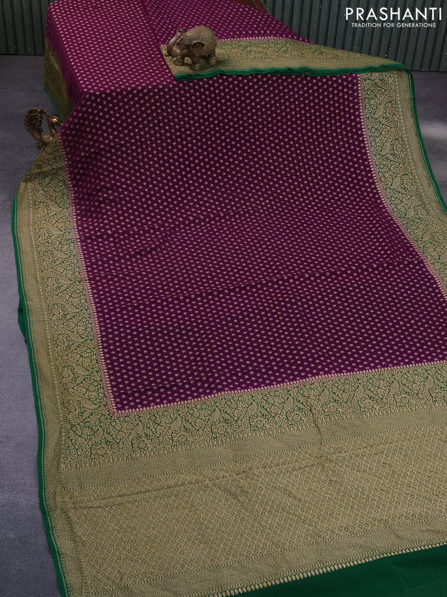 Banarasi georgette saree deep purple and green with allover thread & zari butta weaves and woven border