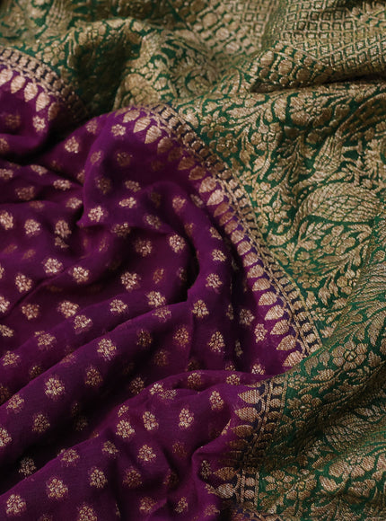 Banarasi georgette saree deep purple and green with allover thread & zari butta weaves and woven border