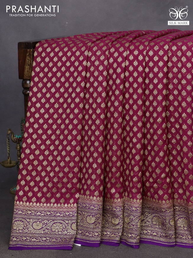 Banarasi georgette saree dark pink and violet with allover thread & zari butta weaves and woven border