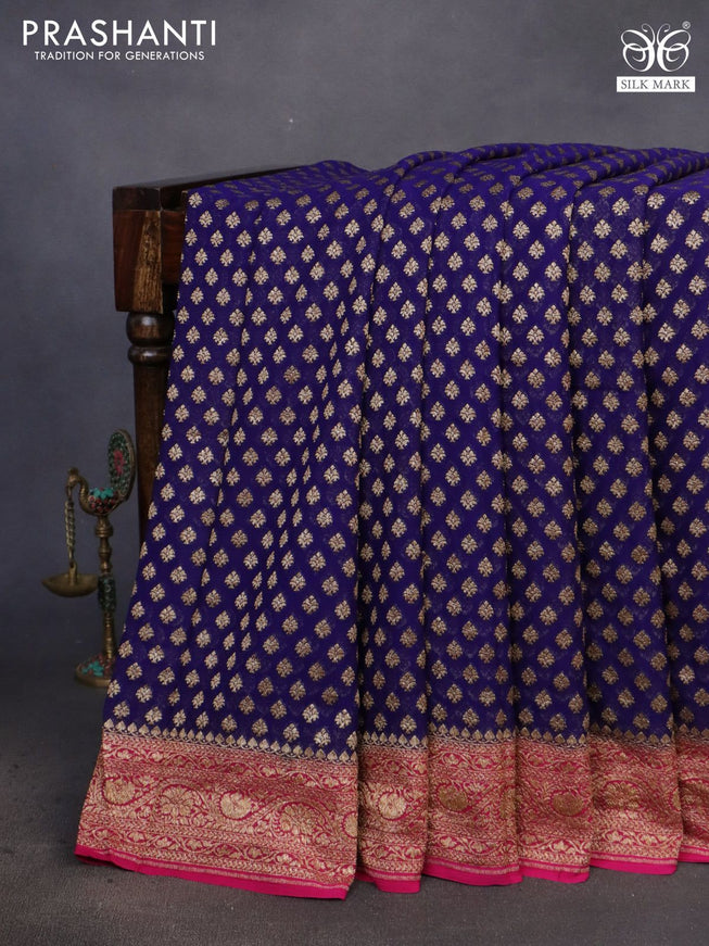 Banarasi georgette saree dark blue and pink with allover thread & zari butta weaves and woven border