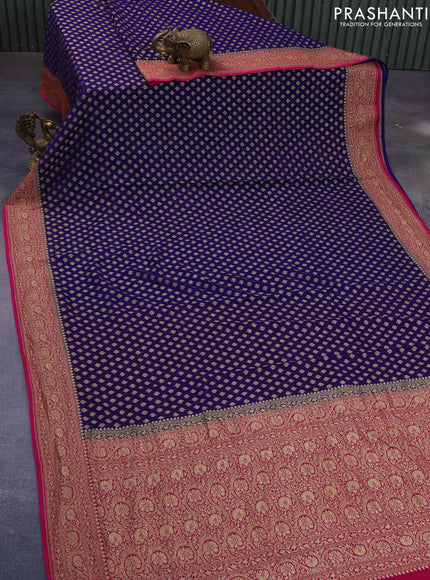 Banarasi georgette saree dark blue and pink with allover thread & zari butta weaves and woven border