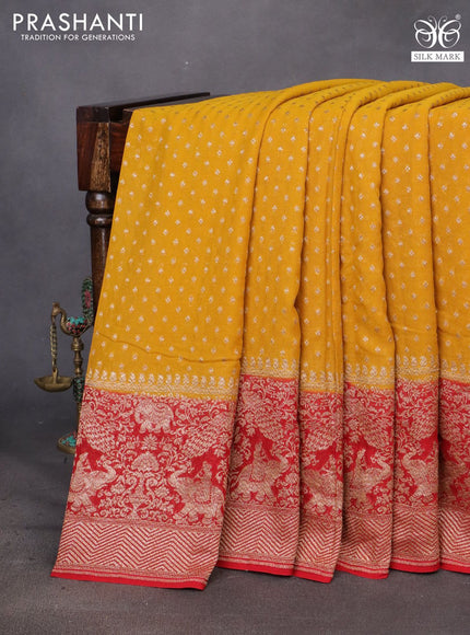 Banarasi georgette saree mustard yellow and red with allover thread & zari woven butta weaves and long woven border