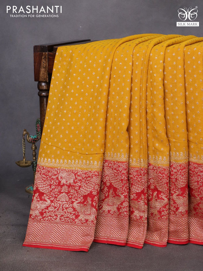 Banarasi georgette saree mustard yellow and red with allover thread & zari woven butta weaves and long woven border