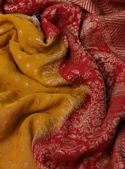 Banarasi georgette saree mustard yellow and red with allover thread & zari woven butta weaves and long woven border