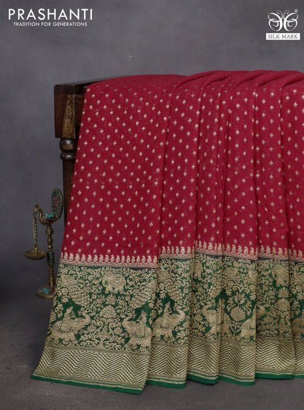 Banarasi georgette saree red and green with allover thread & zari butta weaves and long woven border