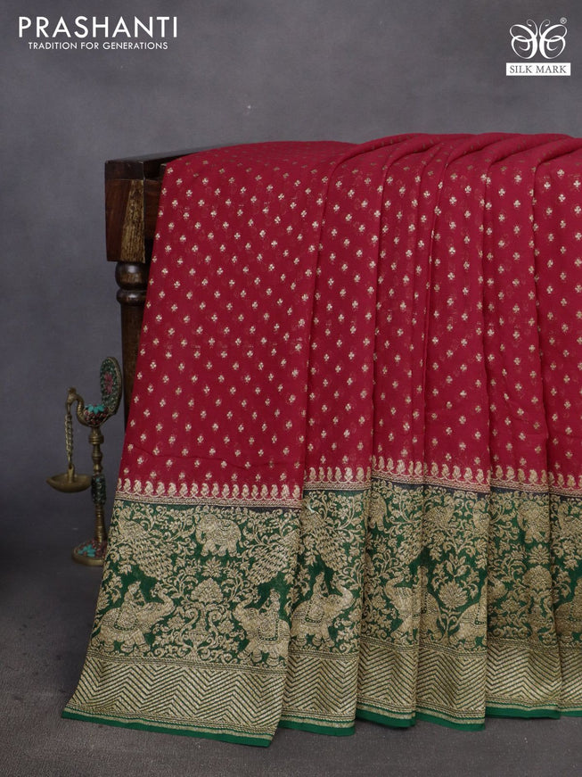 Banarasi georgette saree red and green with allover thread & zari butta weaves and long woven border