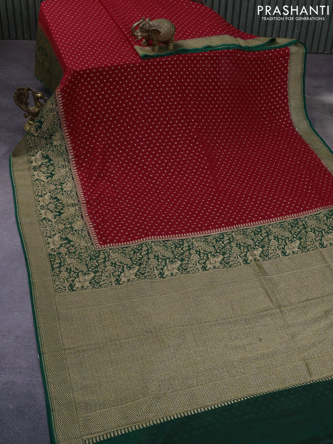 Banarasi georgette saree red and green with allover thread & zari butta weaves and long woven border