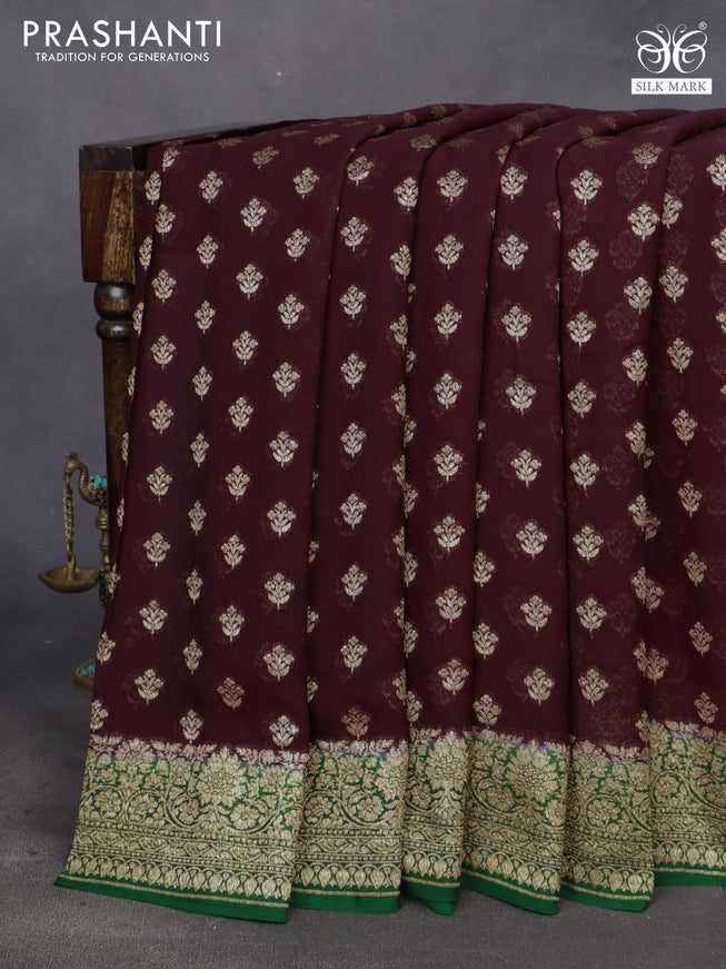 Banarasi georgette saree deep wine shade and green with thread & zari woven buttas and long woven border