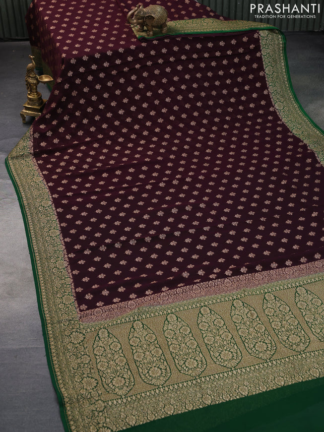 Banarasi georgette saree deep wine shade and green with thread & zari woven buttas and long woven border