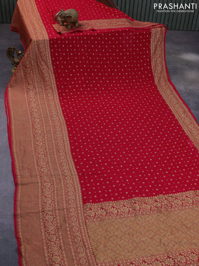 Banarasi georgette saree dark pink with allover thread & zari woven buttas bandhani prints and long woven border