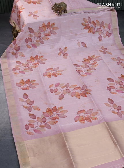 Crushed tissue saree pastel pink with allover leaf digital prints and zari woven border