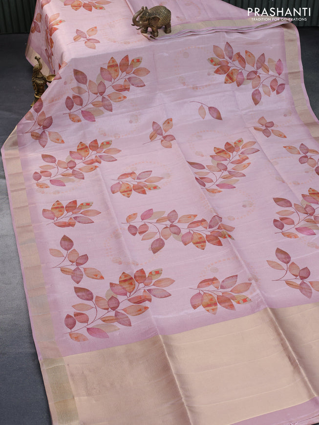 Crushed tissue saree pastel pink with allover leaf digital prints and zari woven border